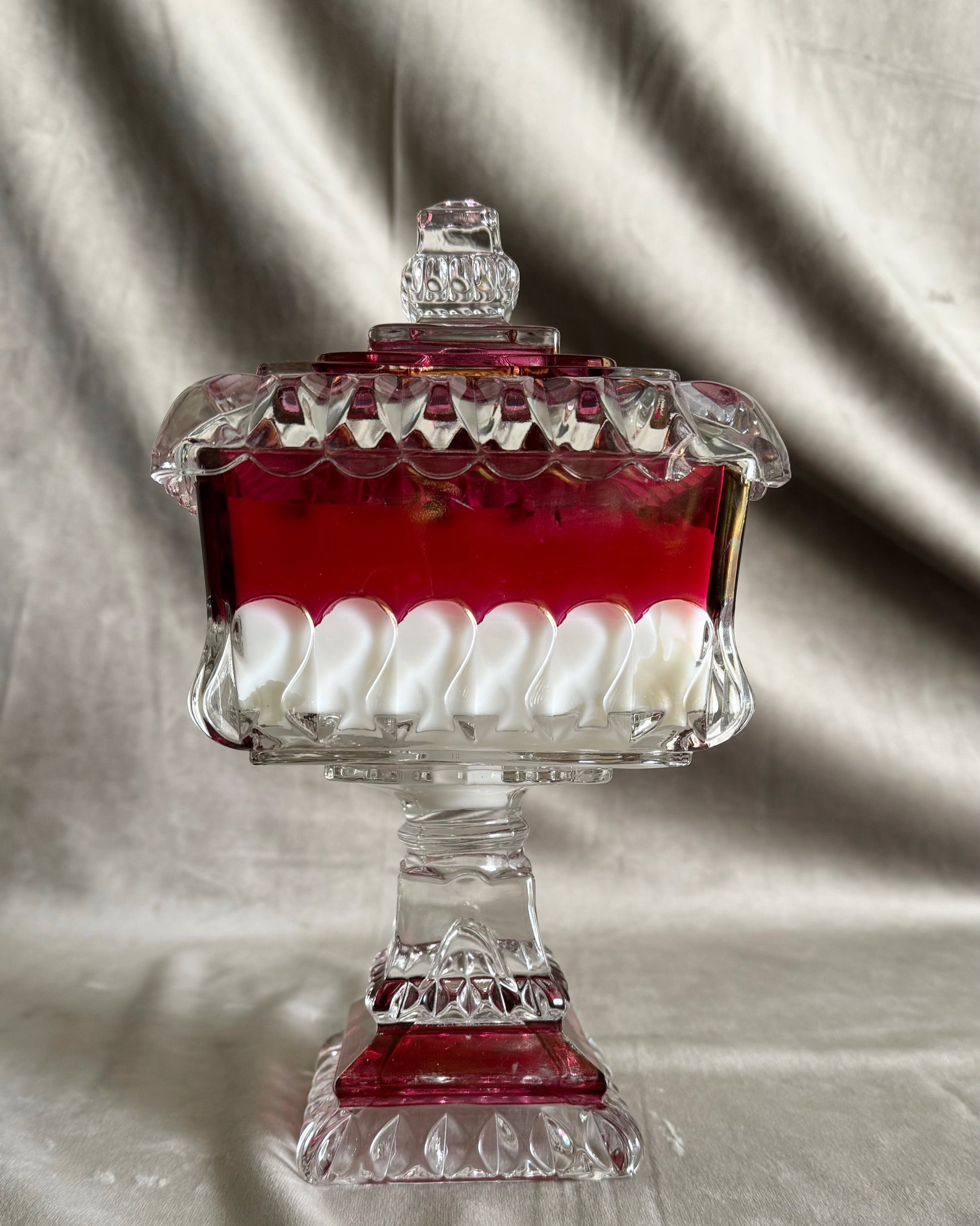Valentine’s Day candle
coconut apricot soy candle
eucalyptus, citrus, and pine fragrance
vintage Czech Bohemian Crystal Ruby Red goblet crystal lid candle romantic ambiance luxury candle gift statement decor candle fresh romantic scent unique candle design