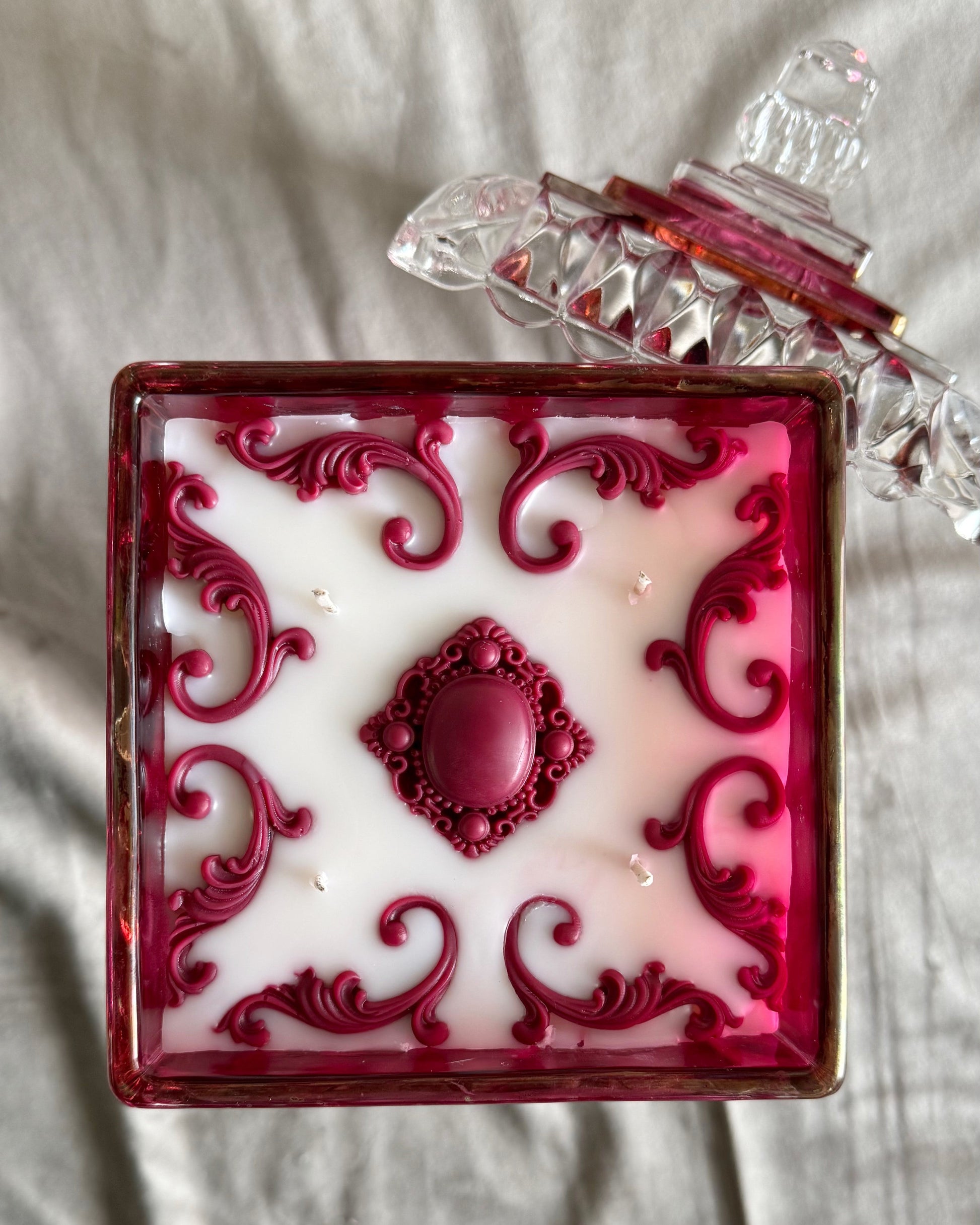 Valentine’s Day candle
coconut apricot soy candle
eucalyptus, citrus, and pine fragrance
vintage Czech Bohemian Crystal Ruby Red goblet crystal lid candle romantic ambiance luxury candle gift statement decor candle fresh romantic scent unique candle design