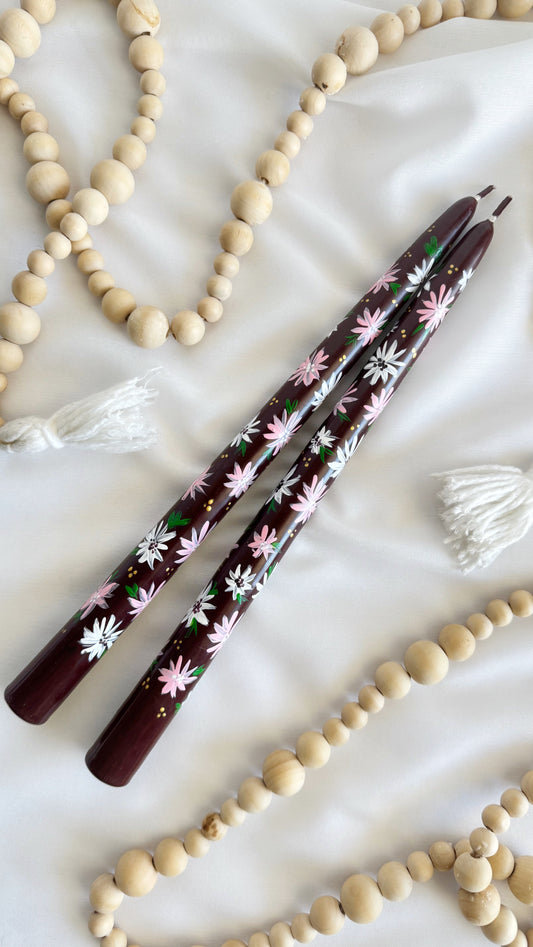 Burgundy Hand-Painted Tapered Candle Set