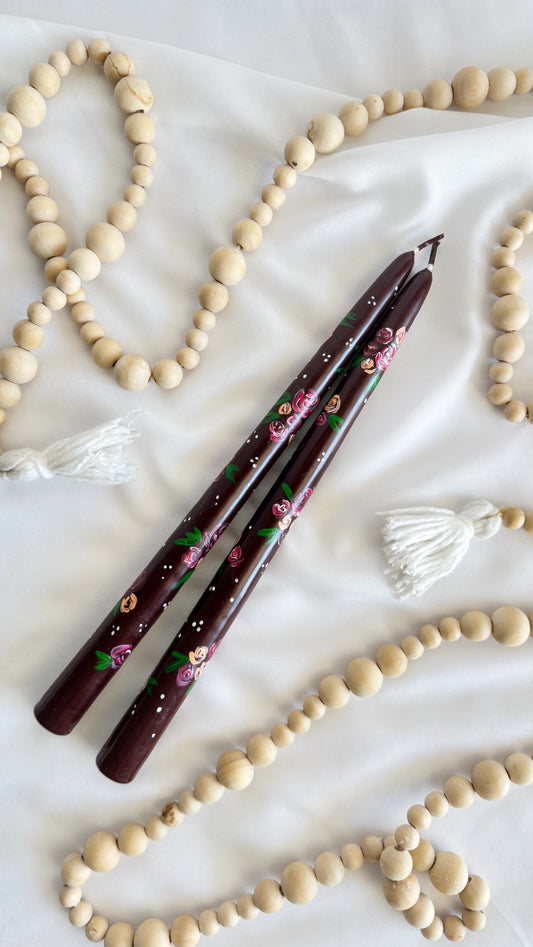 Burgundy Hand-Painted Tapered Candle Set