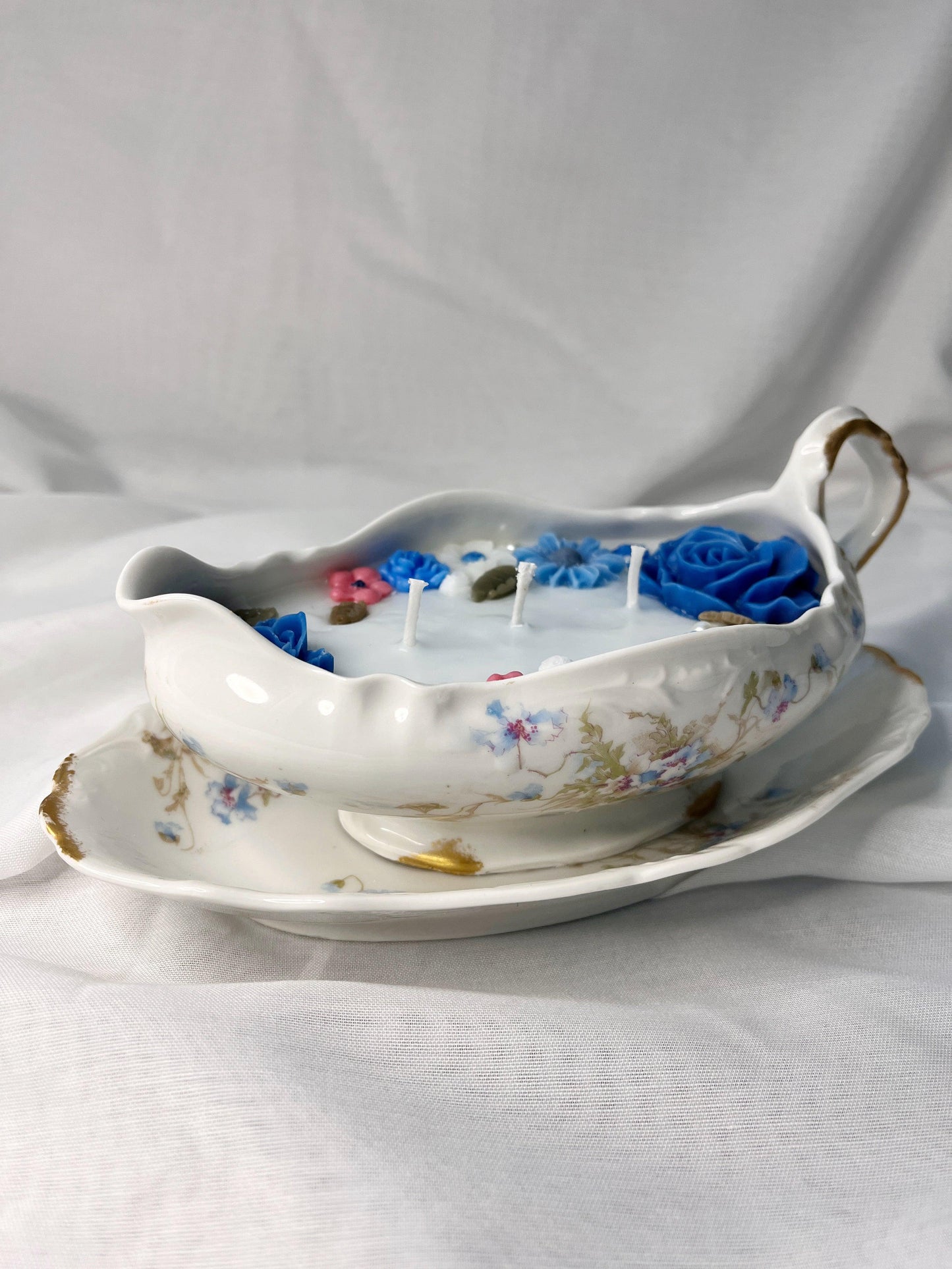 Lucy & Lace |Ivory Candle Saucier with Blue Floral Detail