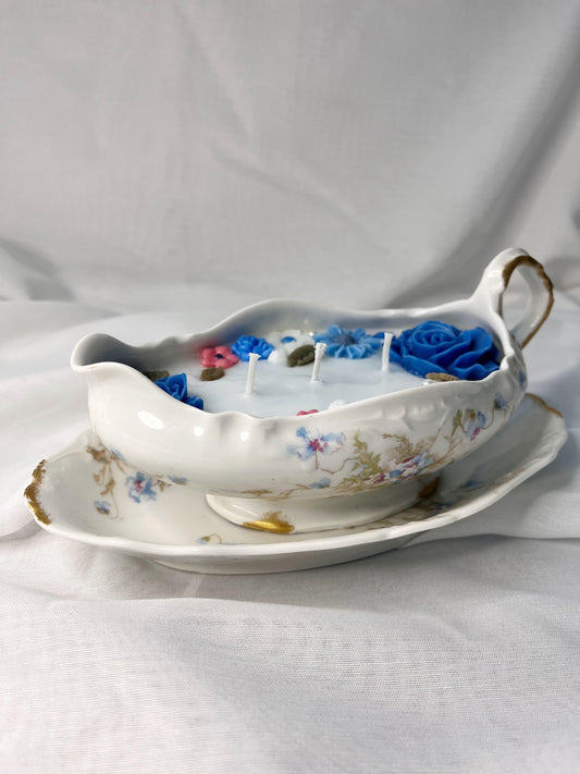 Lucy & Lace |Ivory Candle Saucier with Blue Floral Detail