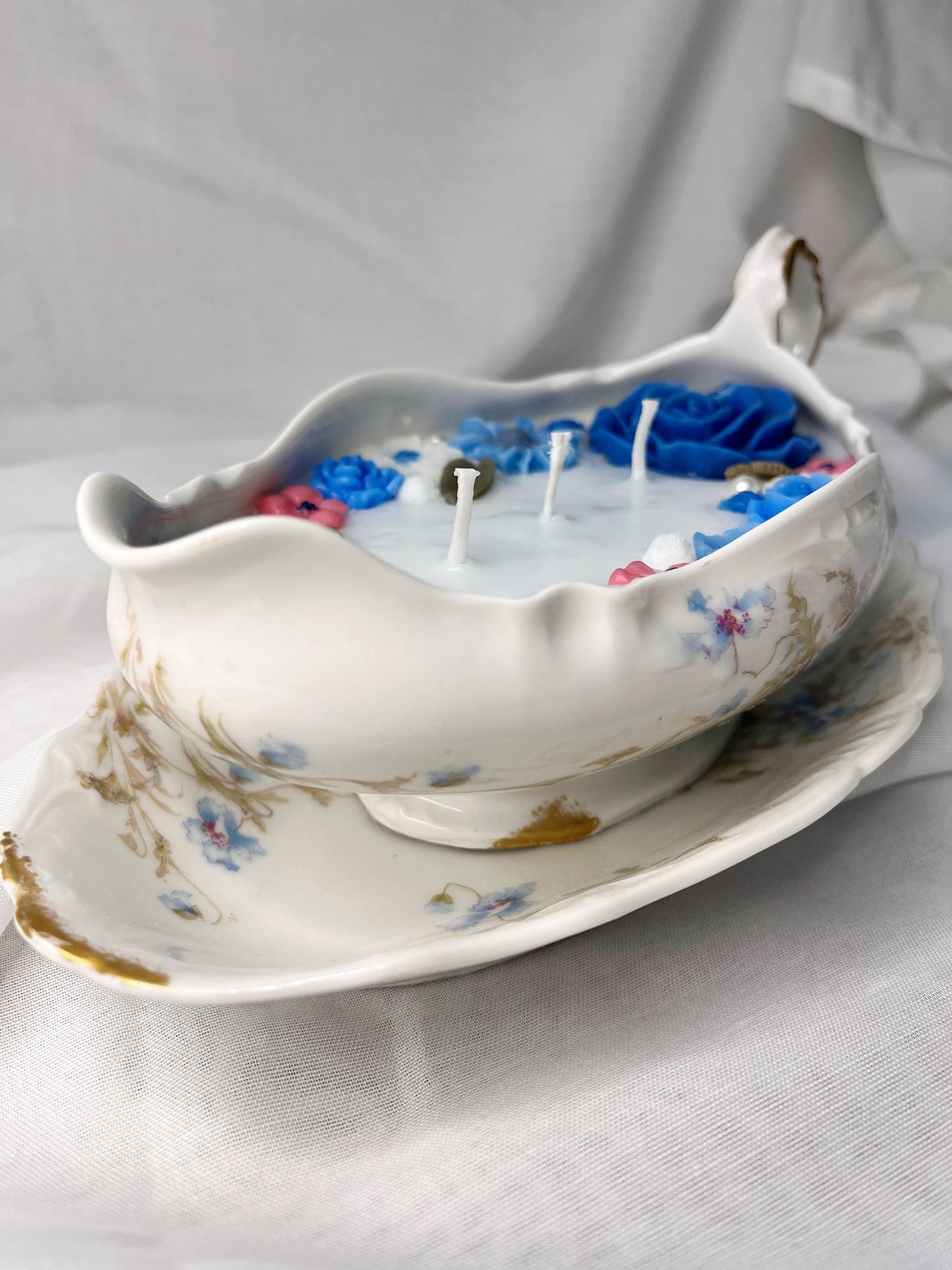 Lucy & Lace |Ivory Candle Saucier with Blue Floral Detail