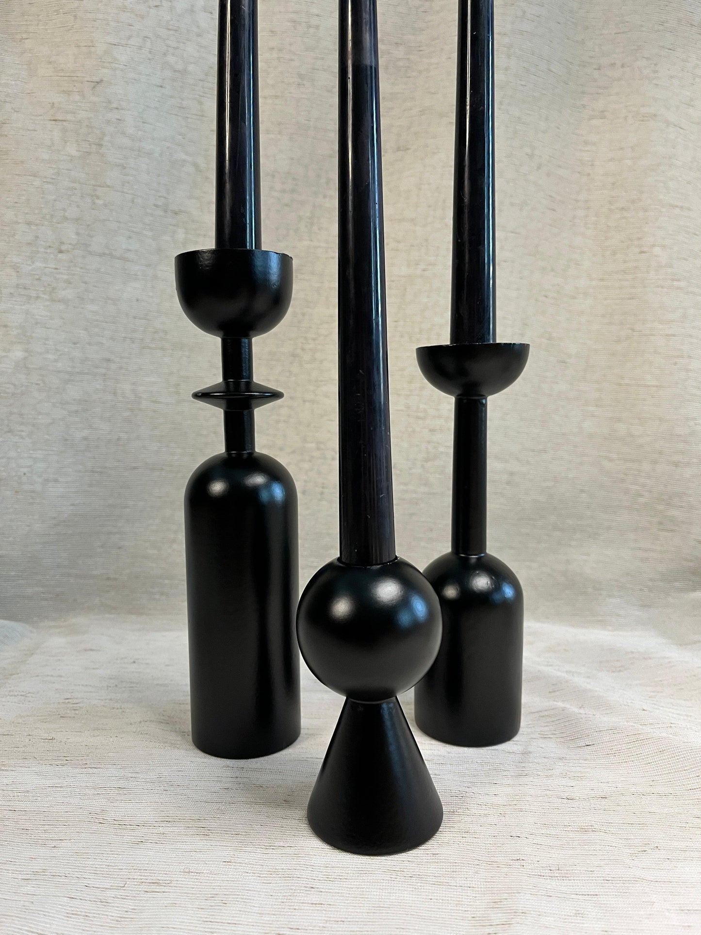Set of 3, Black Wooden Candlestick Holders