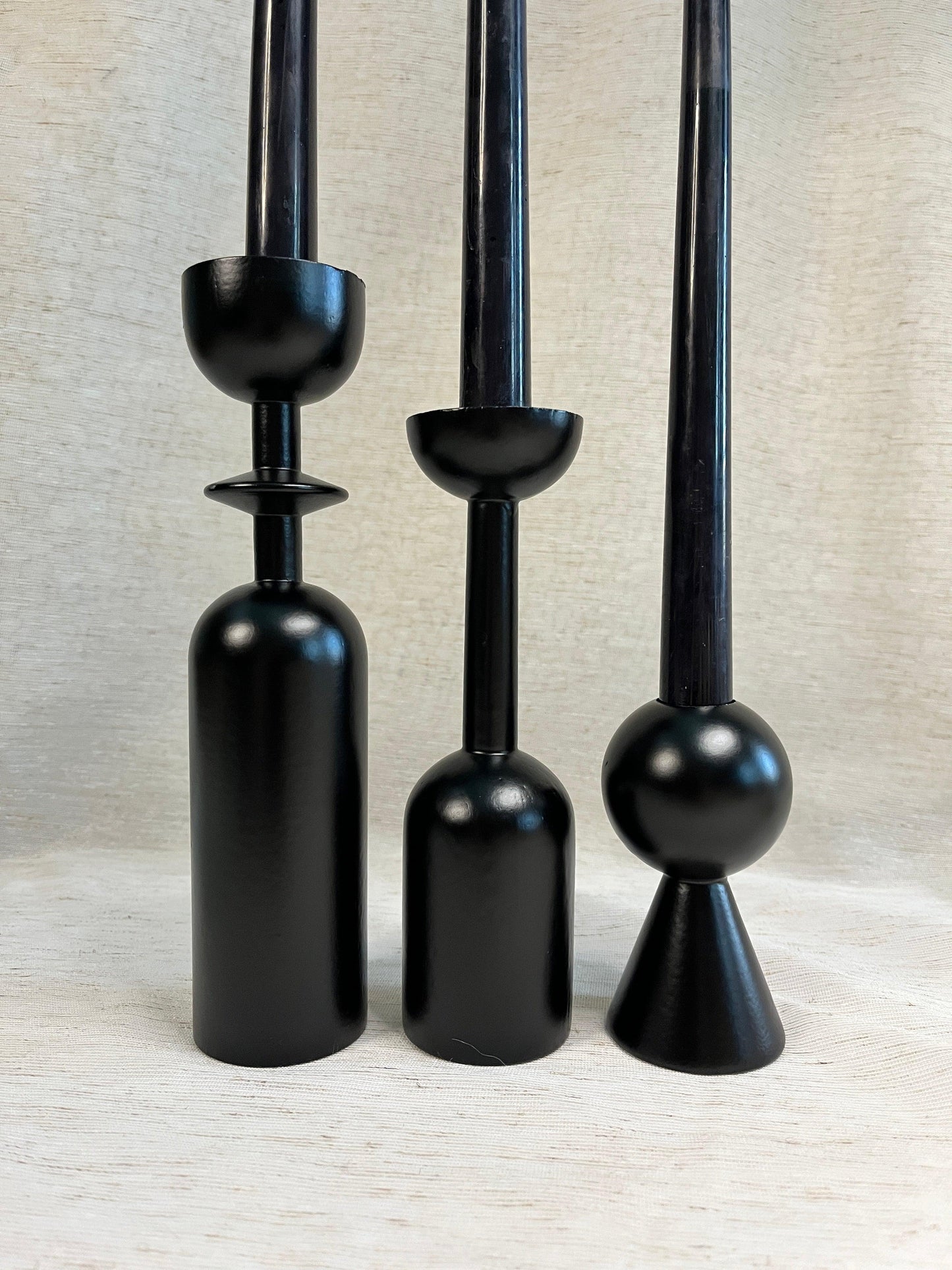Set of 3, Black Wooden Candlestick Holders