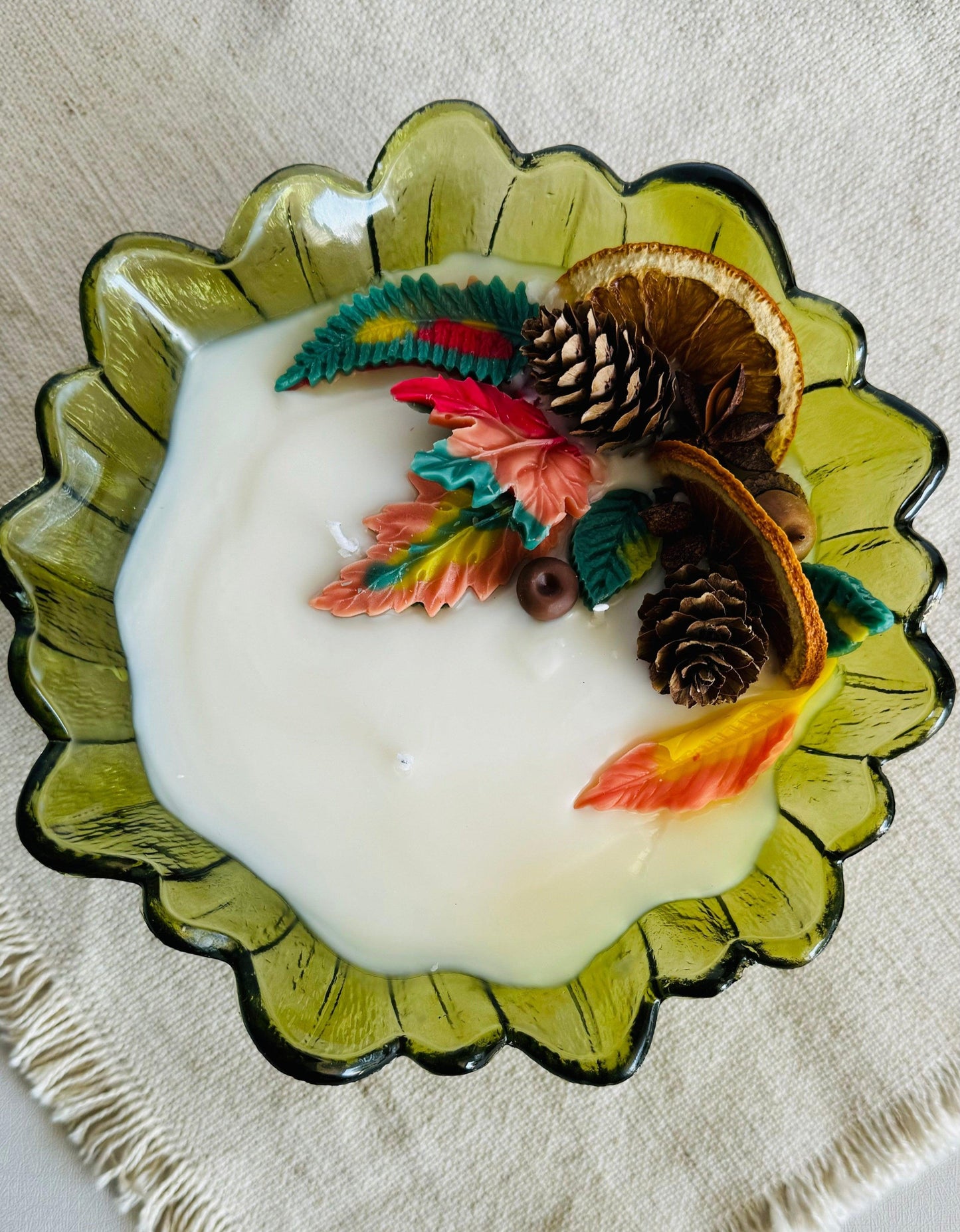 "Fall In Love" Vintage Green Glass Candle