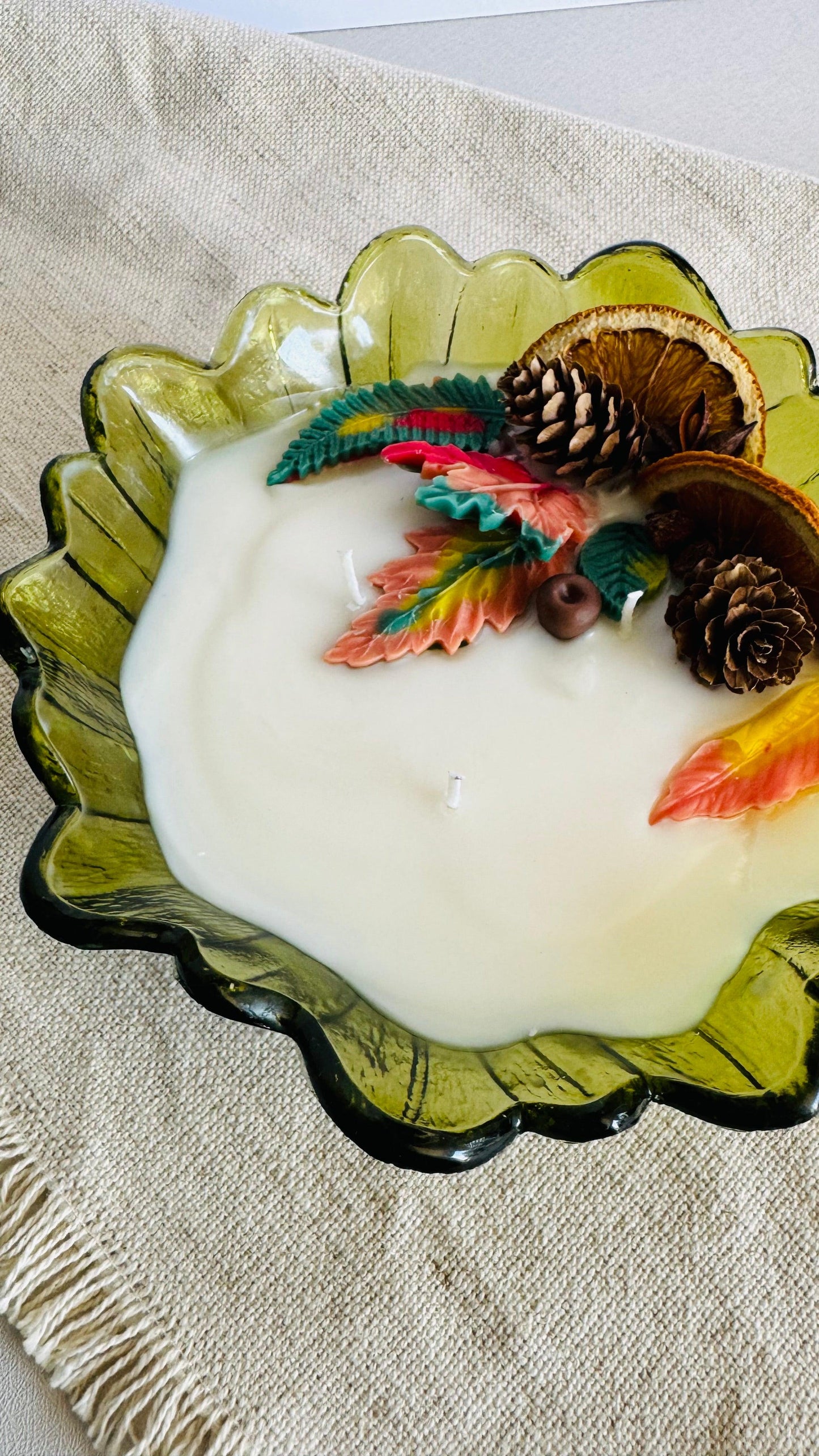 "Fall In Love" Vintage Green Glass Candle
