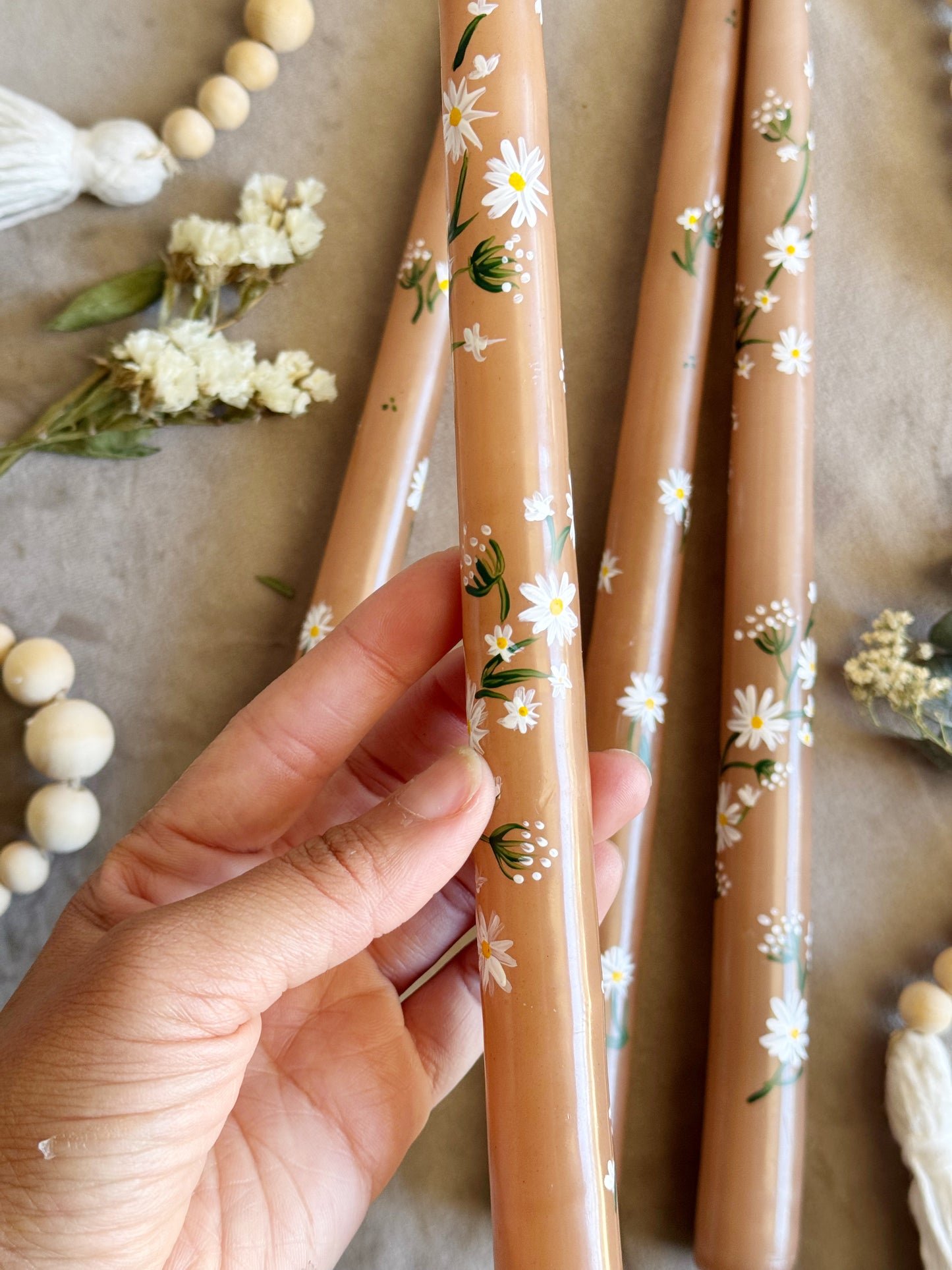 hand painted tapered candles taupe white flowers