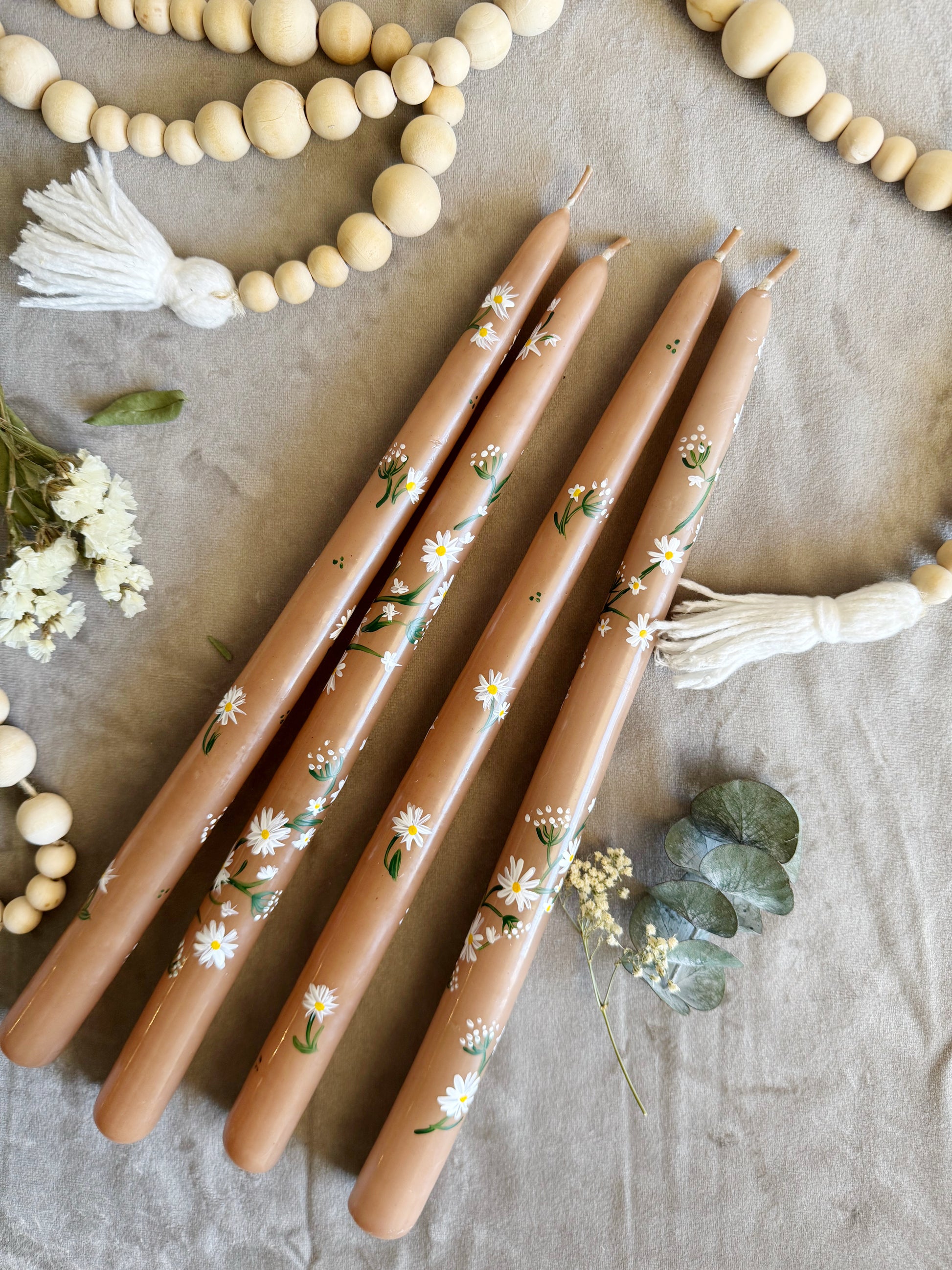 hand painted tapered candles taupe white flowers