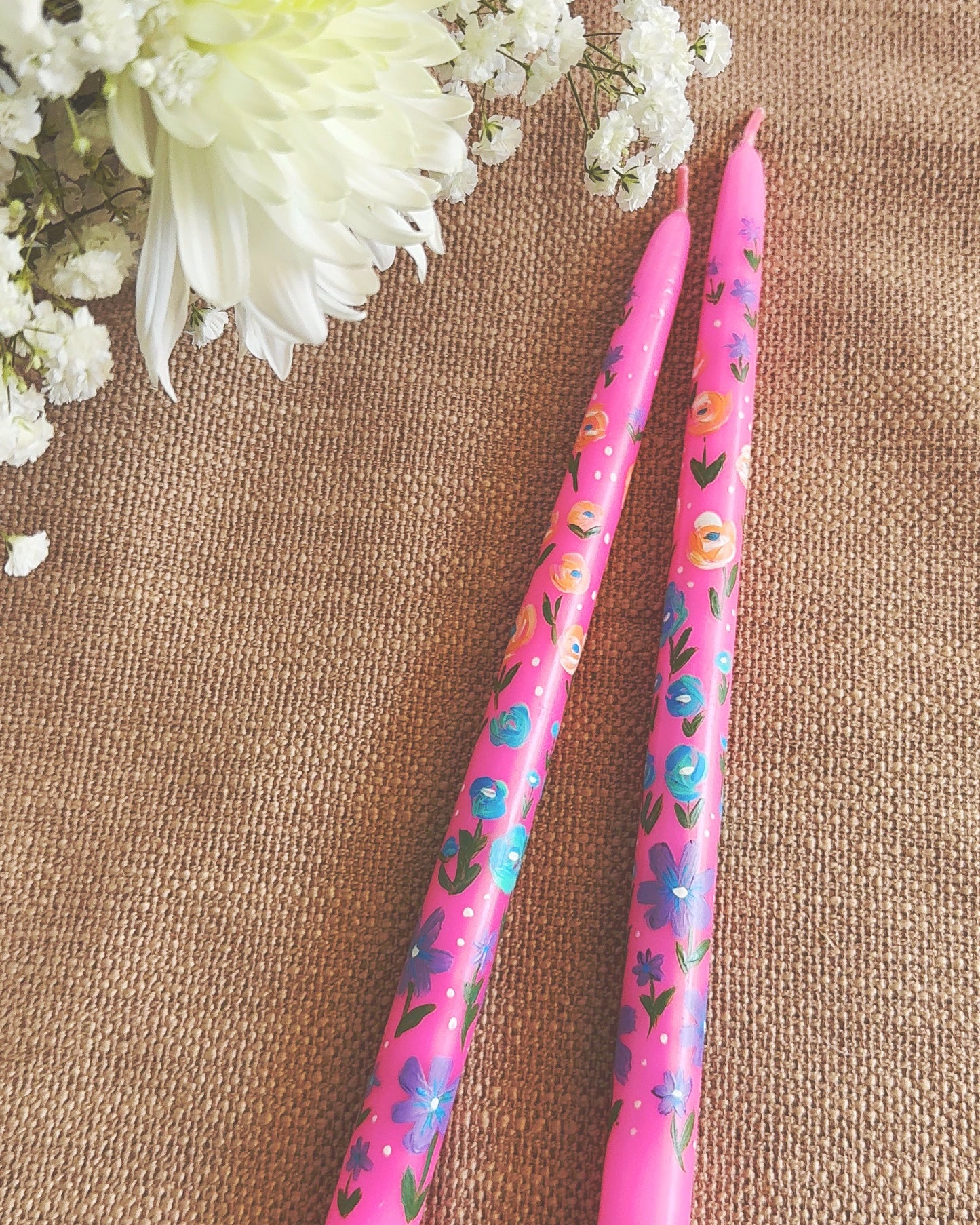 Pink Handpainted 12” tapered candles (set of 2)
