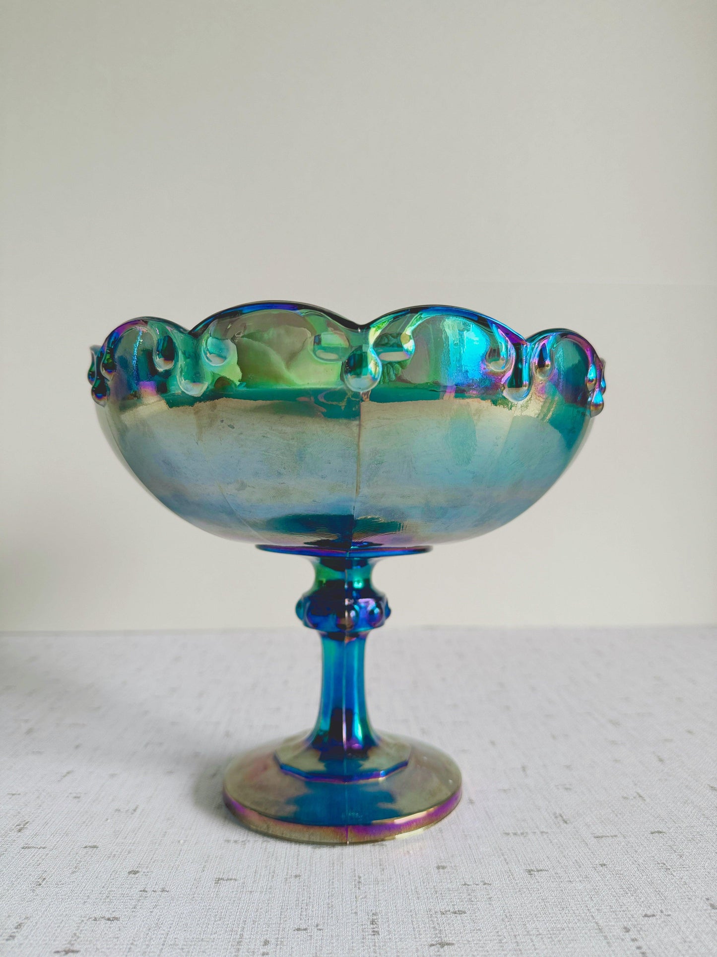 Blue Carnival glass vintage glass beach theme candle pedestal candle