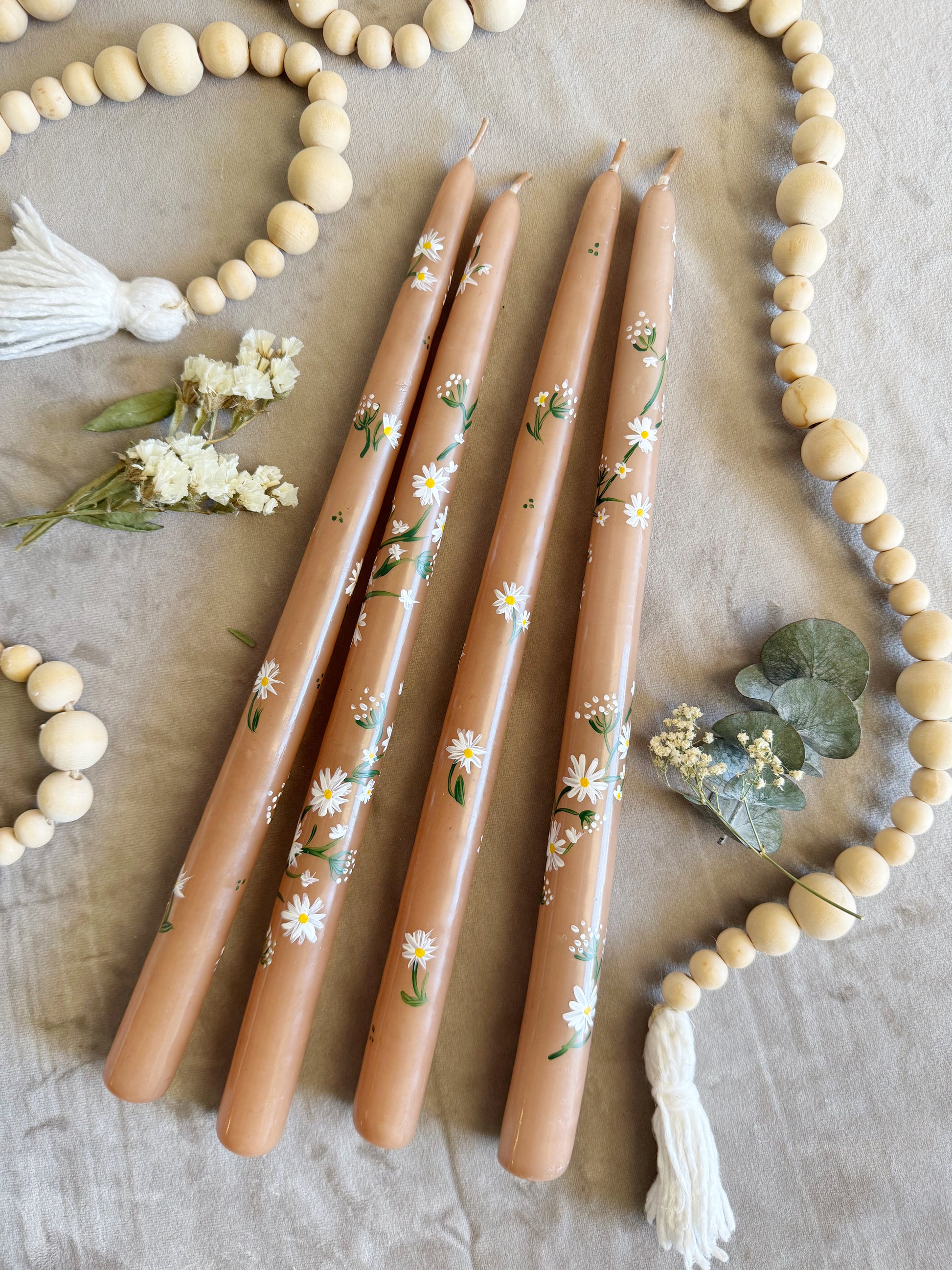 hand painted tapered candles taupe white flowers