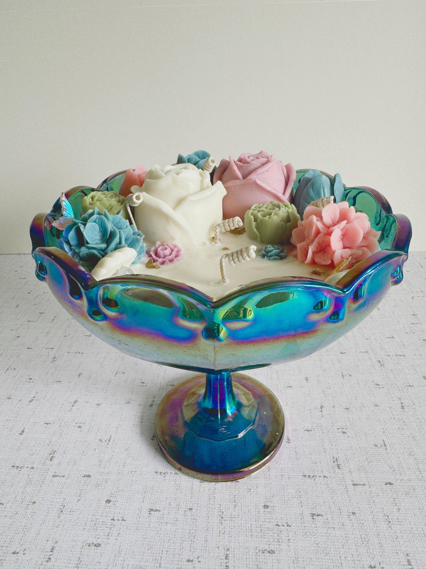 Blue Carnival glass vintage glass beach theme candle pedestal candle
