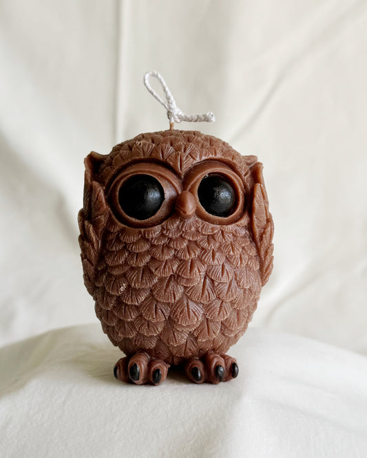 Brown owl-shaped candle autumn and fall themed woodland creature candle