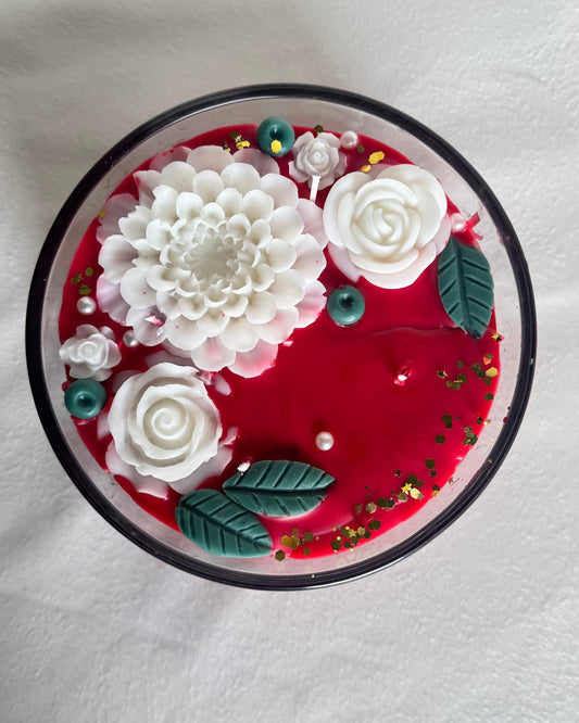 Cinnamon Chai decorative candle red candle white flowers