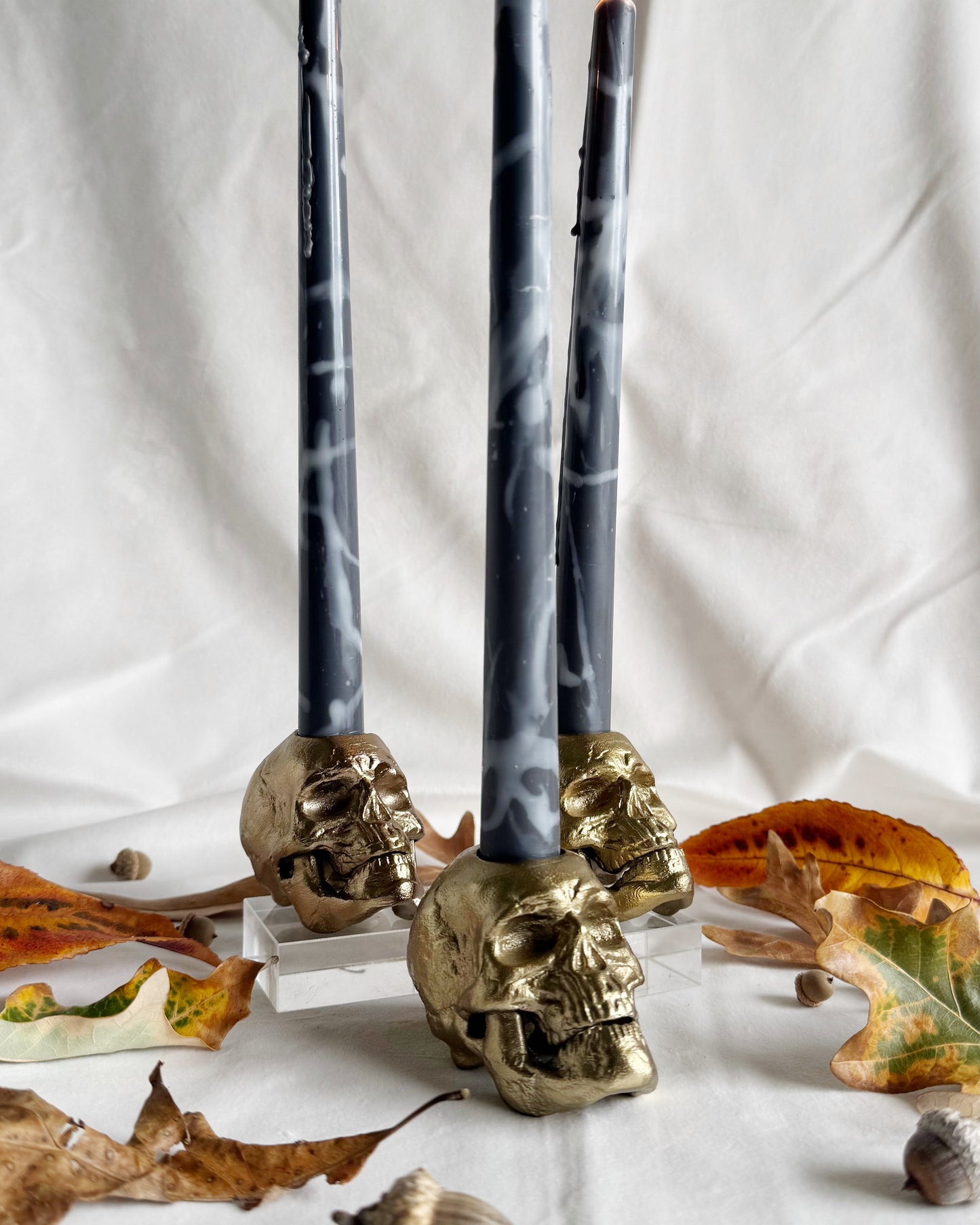 Black candles in gold skull candle holders with autumn leaves on a white background