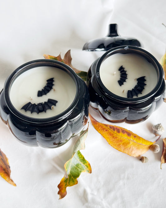 black ceramic glass jars with vanilla pumpkin fragrance oil and decorative bats