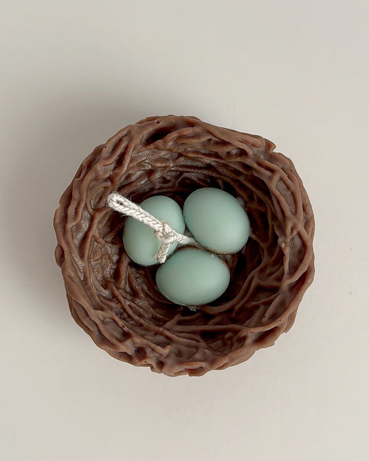 candle bird's nest with three light blue eggs