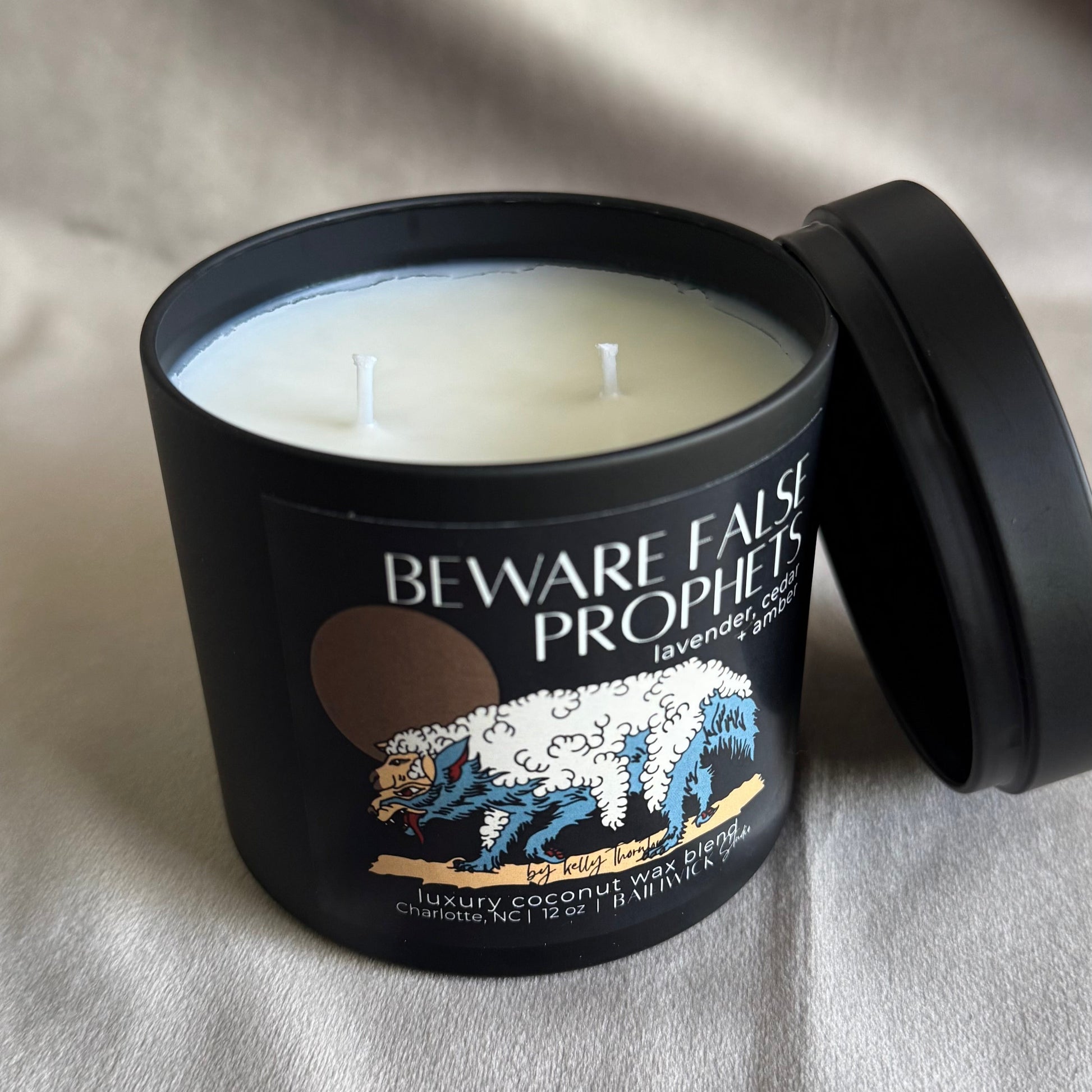 coconut_apricot_wax_Beware_False_Prophets_christian_art_faith_based_candle_lavendar_cedar_amber
