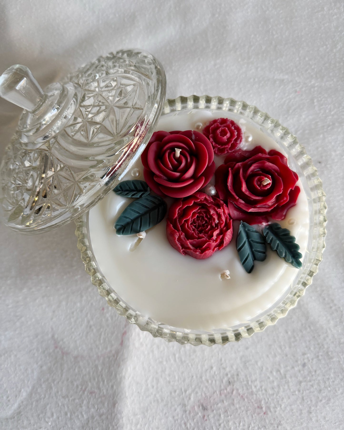 vintage glass dish with lid christmas candle red flowers