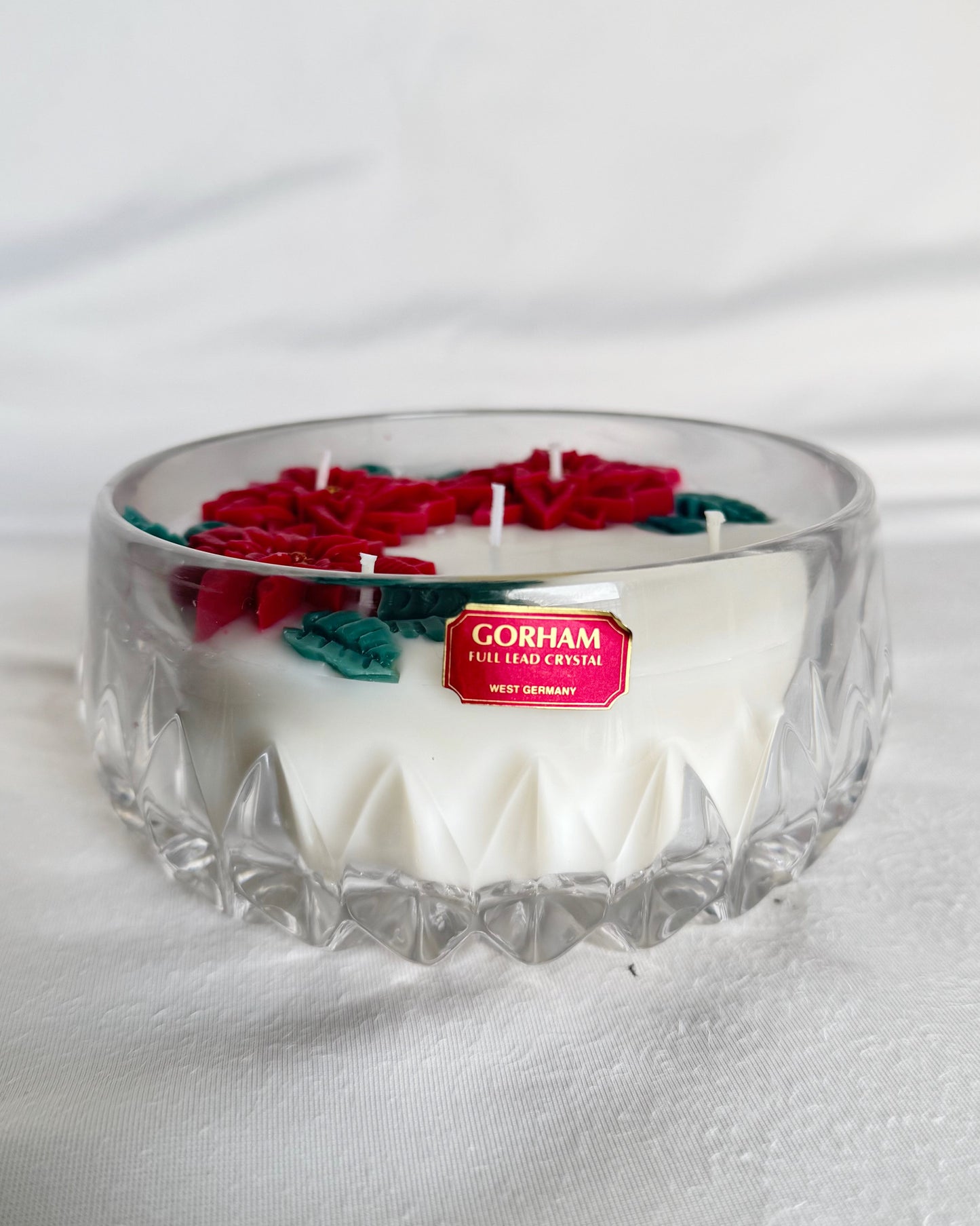 gorham crystal vintage_red_poinsettia_christmas_candle_in_vintage_crystal_dish