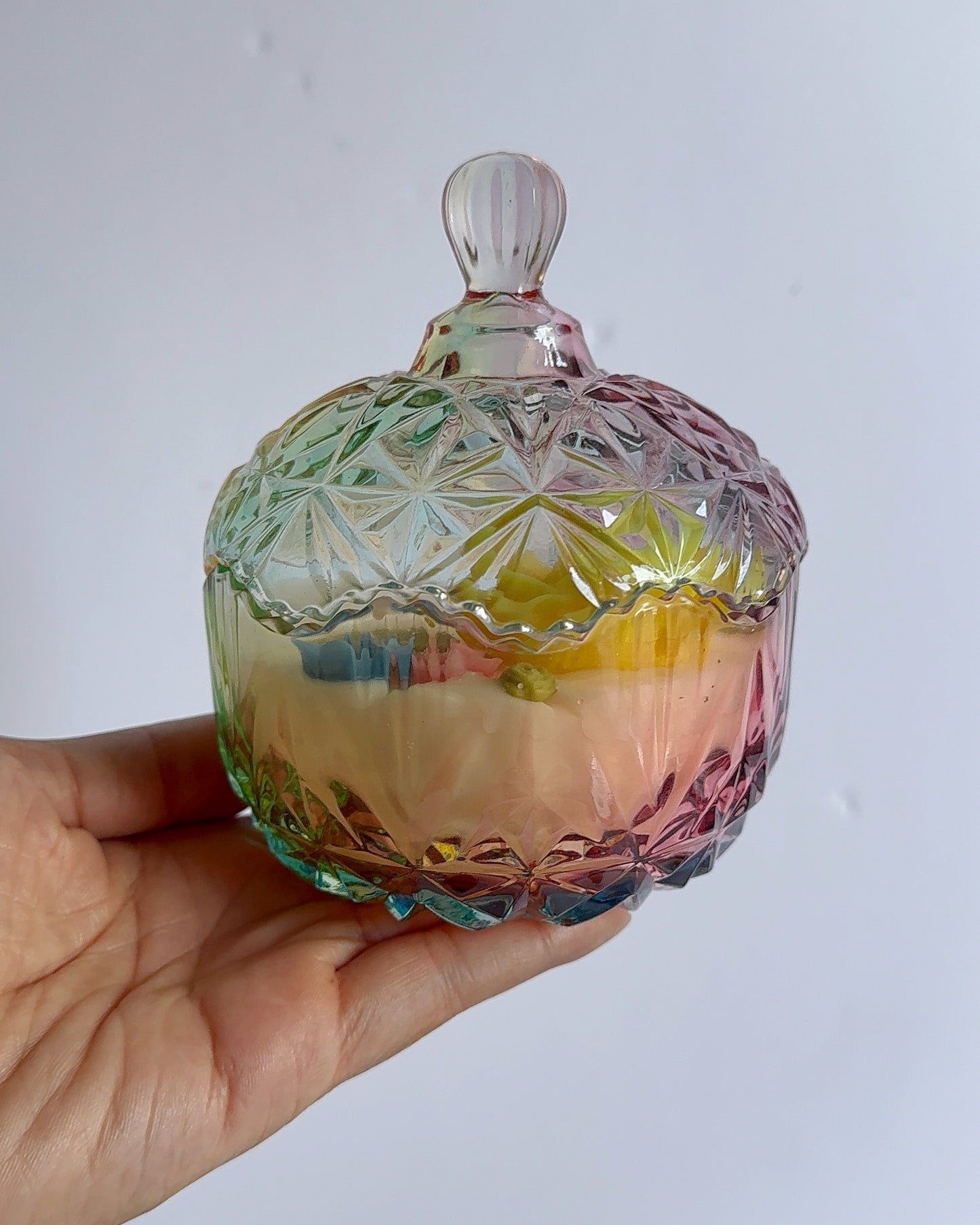 iridescent decorative candle with lid scented wisteria vines fragrance