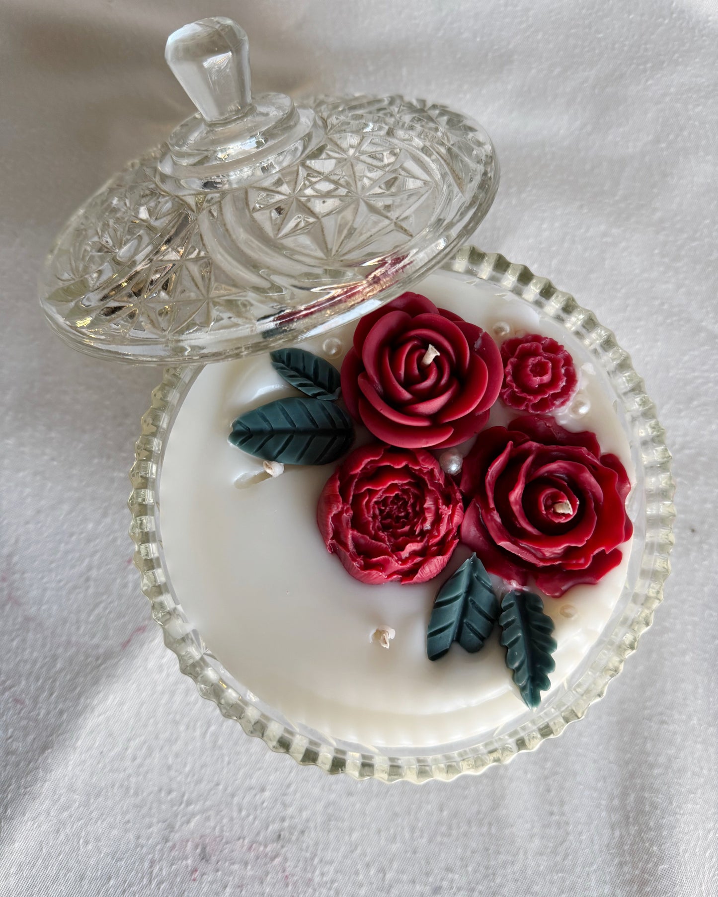 vintage glass dish with lid christmas candle red flowers