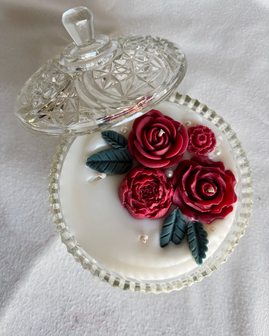 vintage glass dish with lid christmas candle red flowers