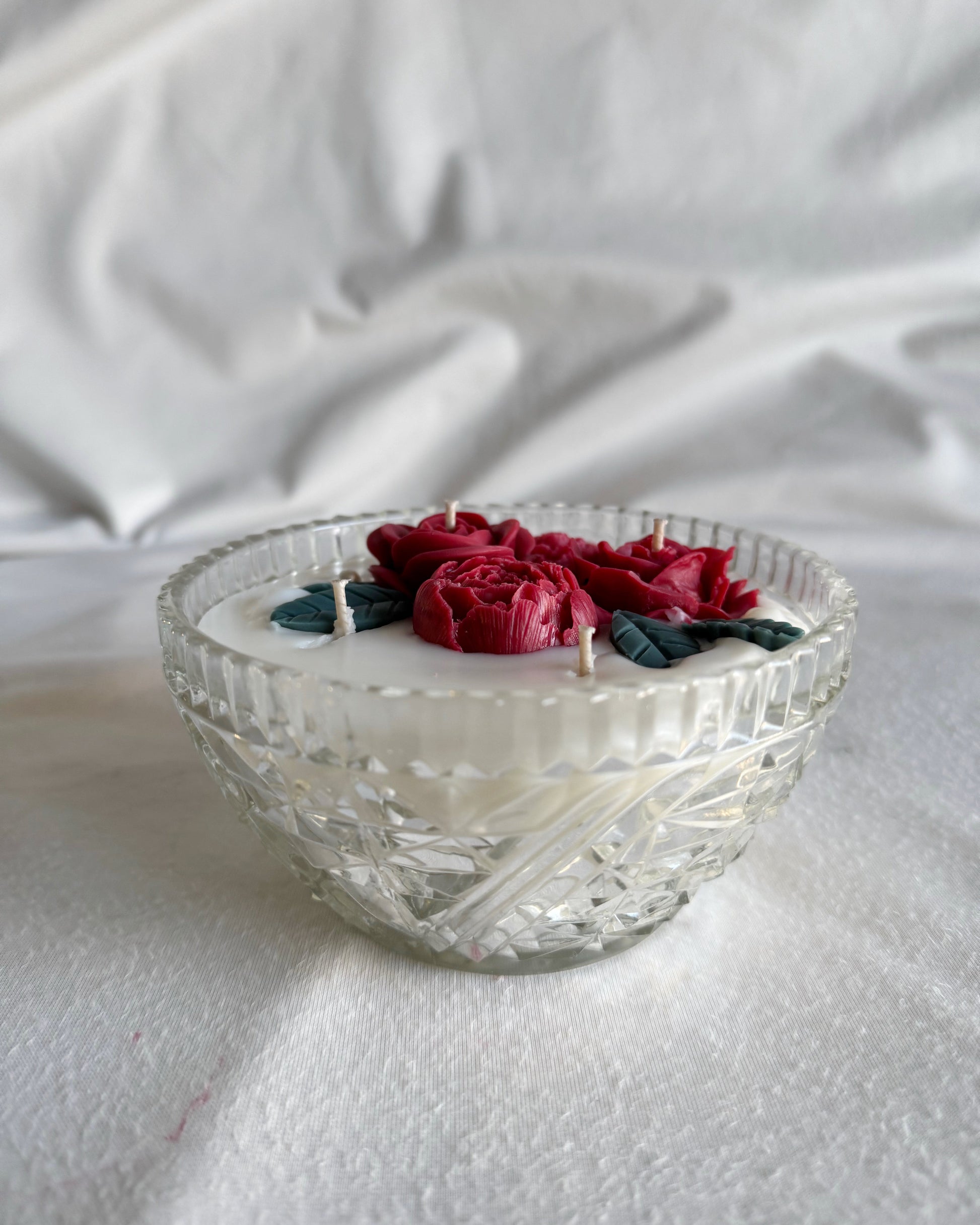 vintage glass dish with lid christmas candle red flowers