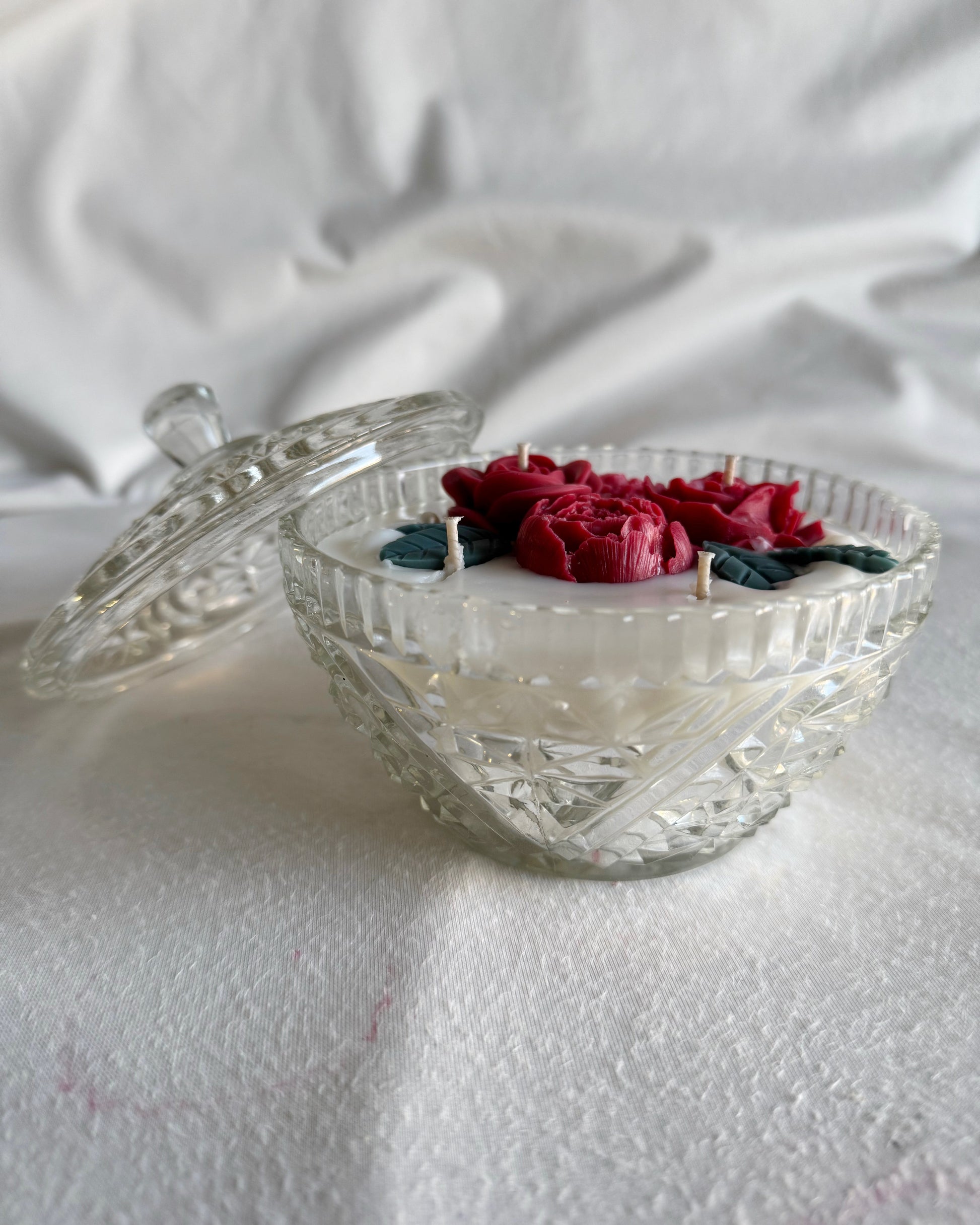 vintage glass dish with lid christmas candle red flowers
